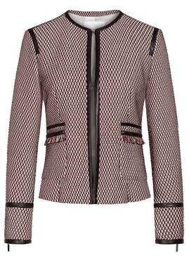 Hugo Boss Keili Italian Tweed Jacket Womens Size 6 Red Black White Fringe Trim
